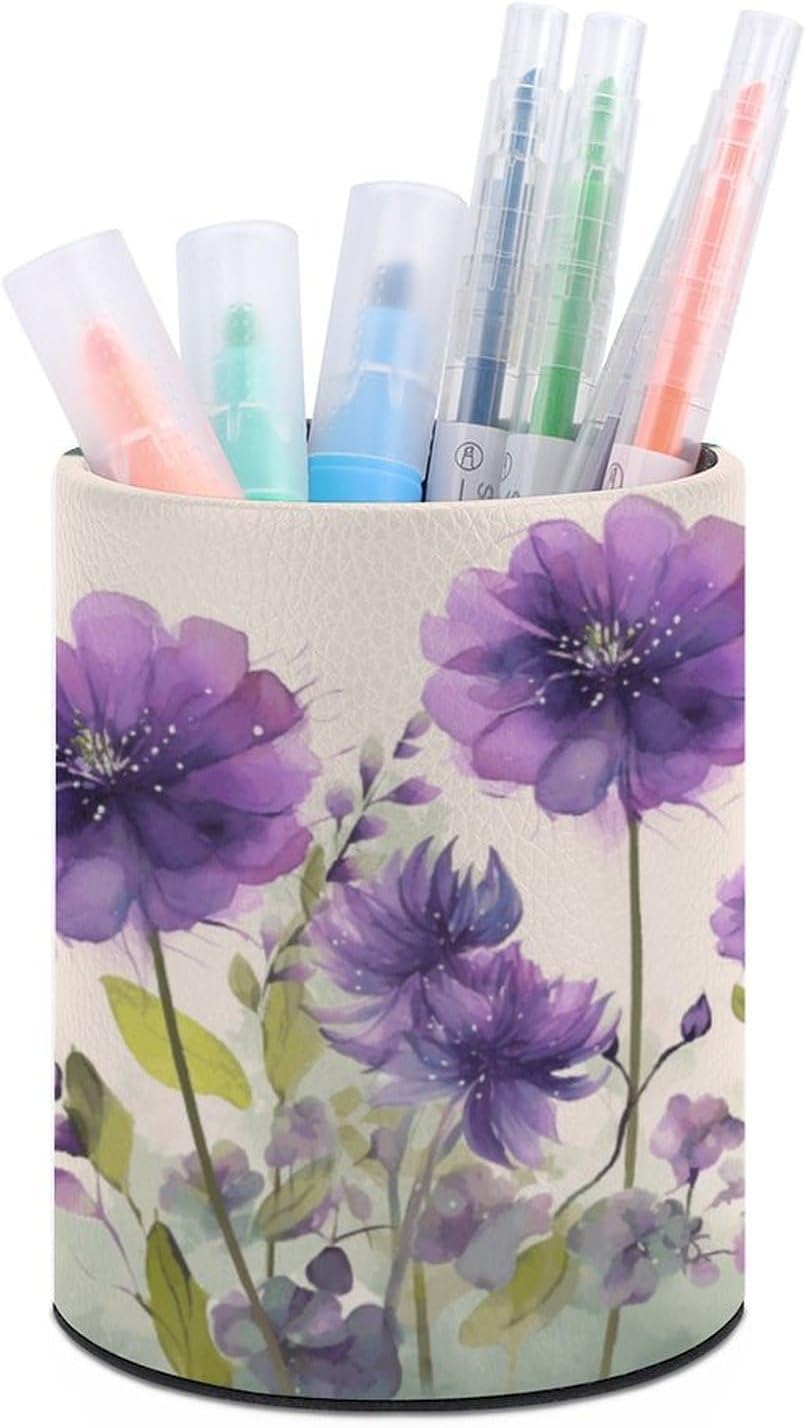 Watercolor Purple Flowers Pen Holder Desk Organizer for Office Workspace
