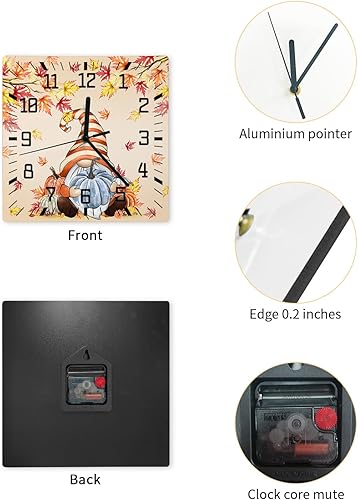 Miniatura 2 de Thanksgiving Wooden Wall Clock Silent Non Ticking, Fall Pumpkins Gnomes Maple Tree Leaves Square Wall Clock Battery Operated, Decor Clock for Home