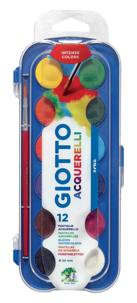 GIOTTO Aquarelli, Acuarelas, con 1 pincel incluido, diámetro pastilla 30mm, Colores Surtidos, 12 uds.
