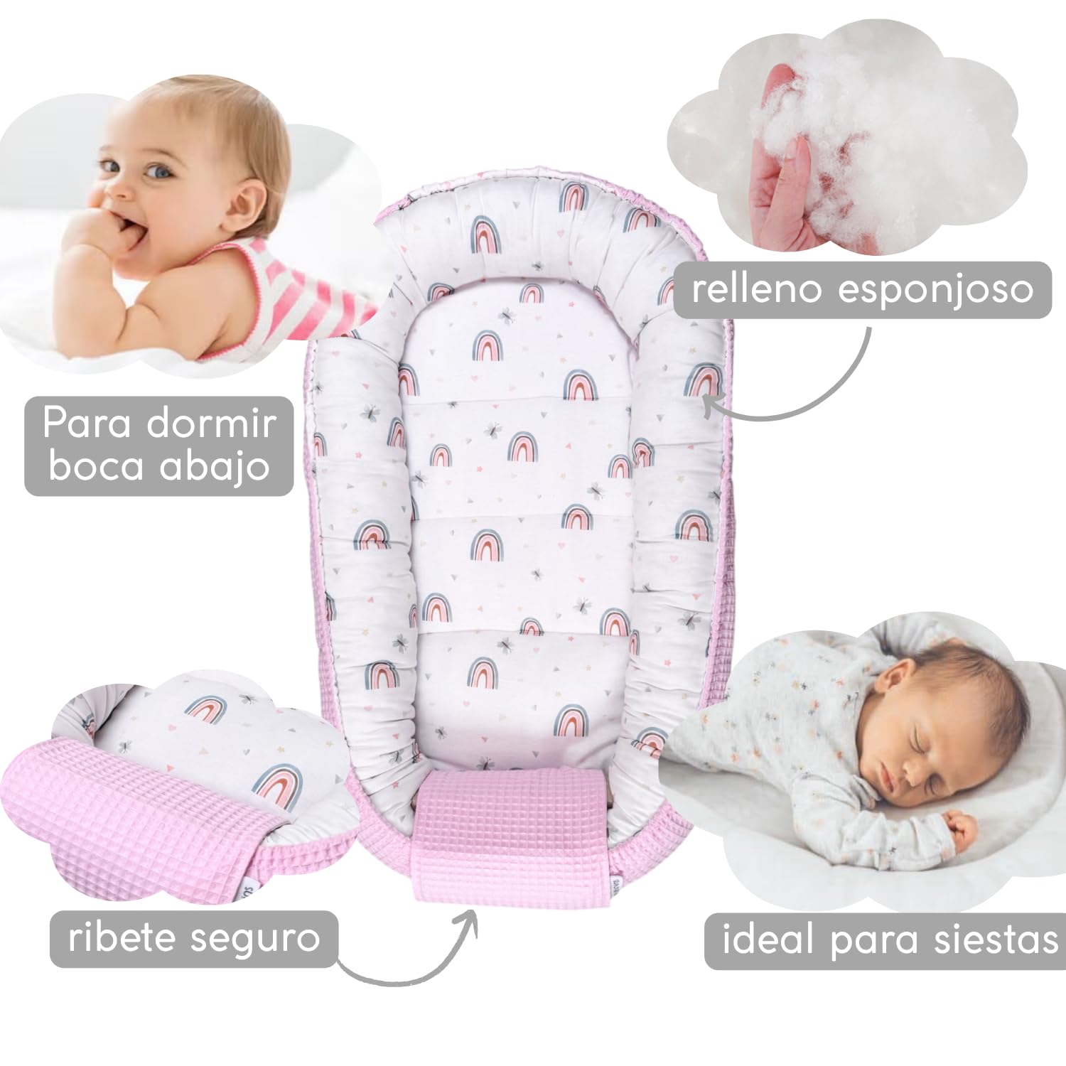 Nido Blando Bebe,100% Algodon Organico,Seguridad para bebé,Reductor Cuna,Capullo de colecho, Mini Cuna Recien Nacido, Moises Envolvente, Transpirable,Ideal Viajes, Industria España (Arcoiris)