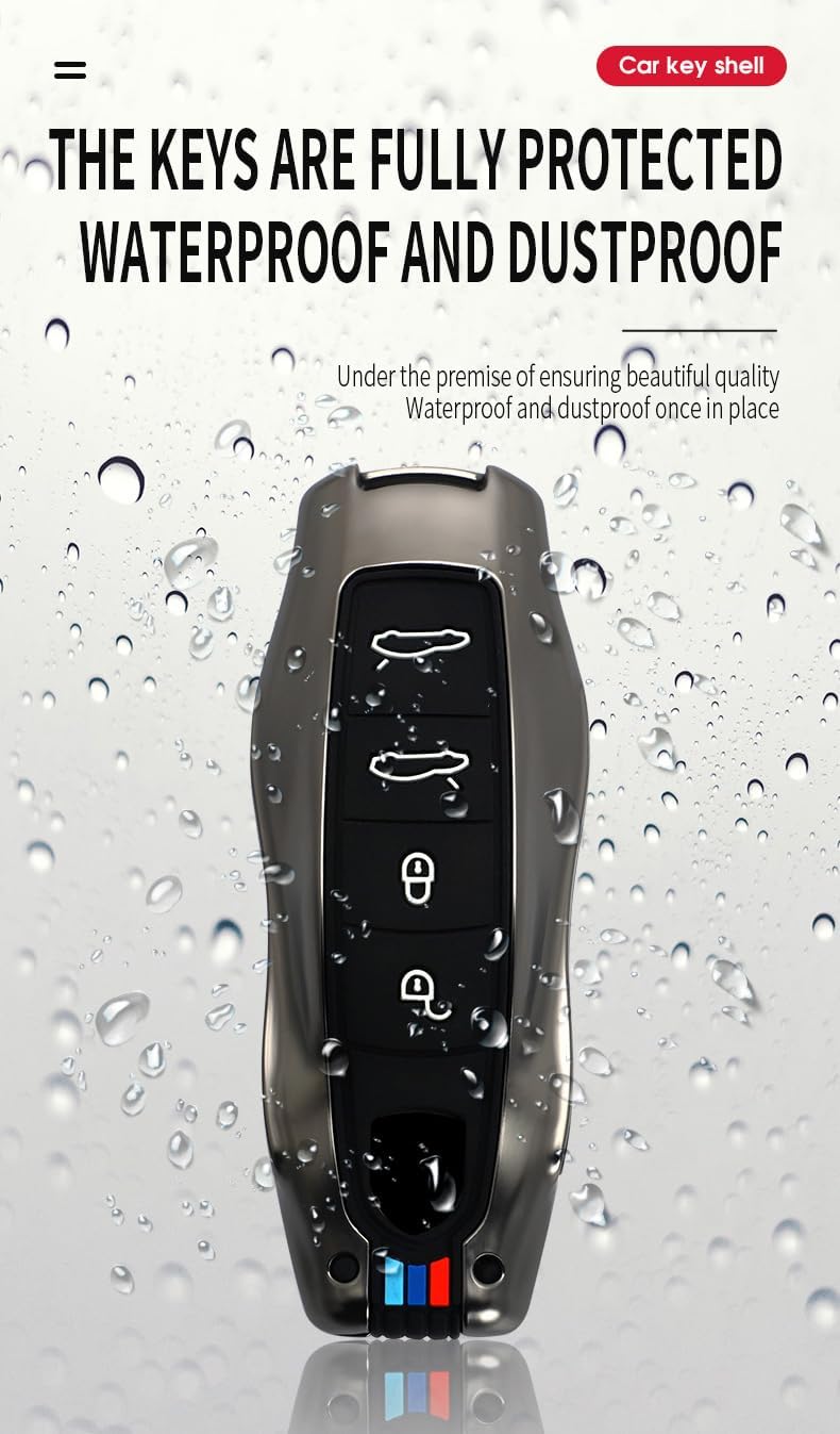 HIBEYO 4 Button Key Fob Cover for Porsche 911 Cayenne Macan Panamera Taycan Smart Key Cover for Porsche Keyless Entry Remote Shell Accessories-A Keychain Black - Image 4
