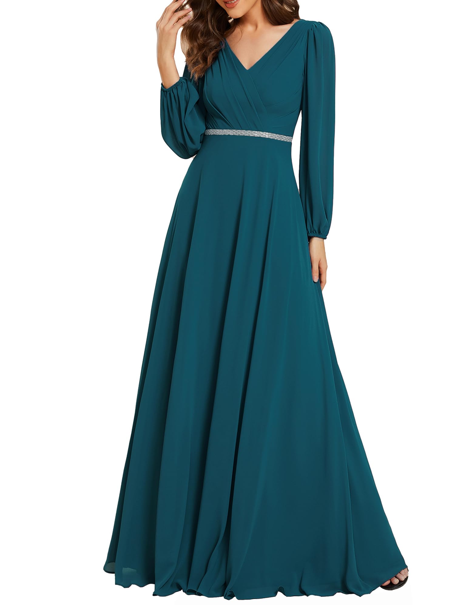 Ever-Pretty Abendkleider Elegant Für Hochzeit Lang Langarm Chiffonkleid Damen A Linie Maxi V-Ausschnitt Wedding Guest Dress Blaugrün 46