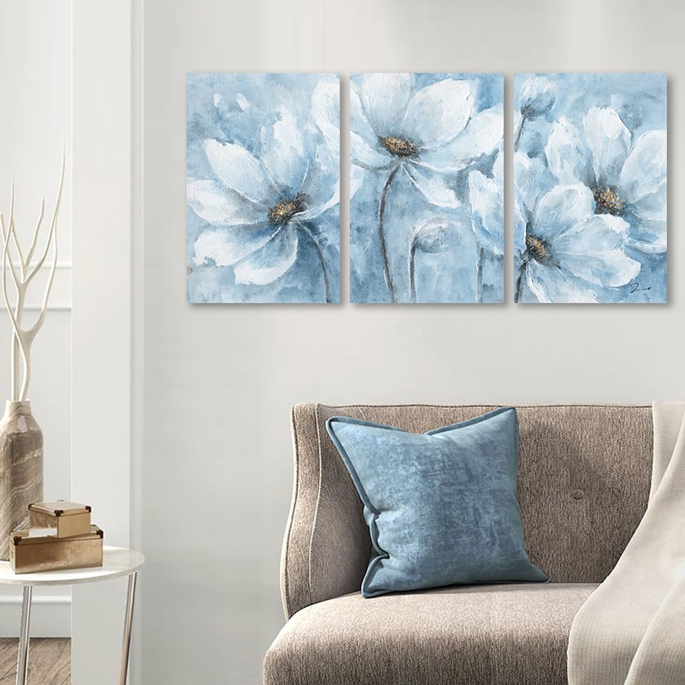Yidepot Magnolia Flower Picture Wall Decor: Blue And White Flower Canvas Wall Art for Bedroom Floral Painting Frame Ready to Hang (40x60CMx3) - Image 3