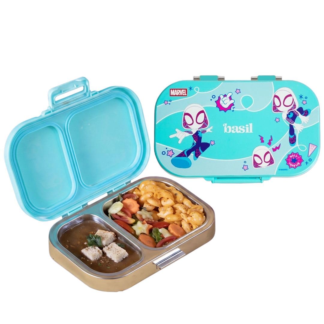 Basil Bento Ace 2C Stainless Steel Lunch Box for Kids | 2 Compartment Leakproof Tiffin Box for Teens & Adults | BPA-Free, Easy-to-Open School Lunch Box | Slingy Star