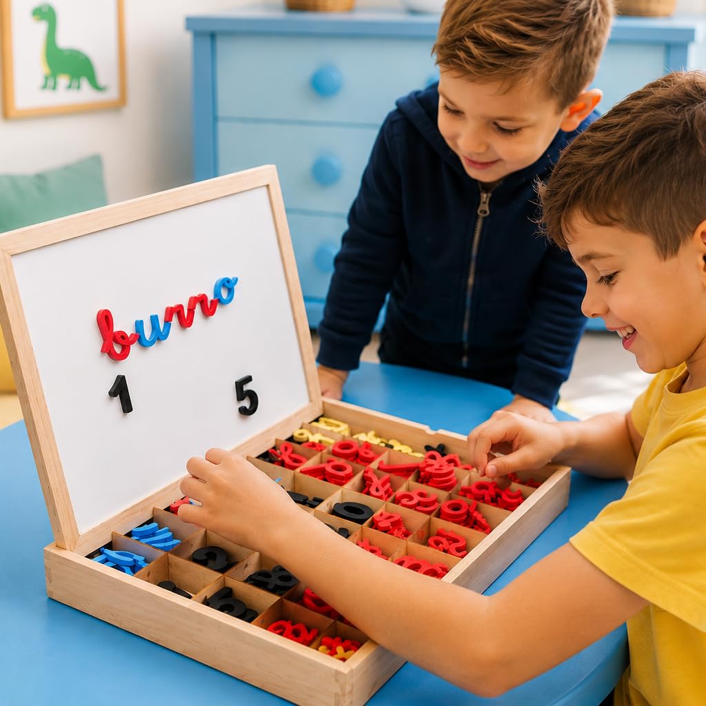 Lettere e numeri magnetici Montessori | Legato Cursive Mobile Legate. Maiuscole, minuscole e cifre in gomma EVA | Lavagna reversibile e scatola di legno | Gioco educativo Imparare a leggere e scrivere