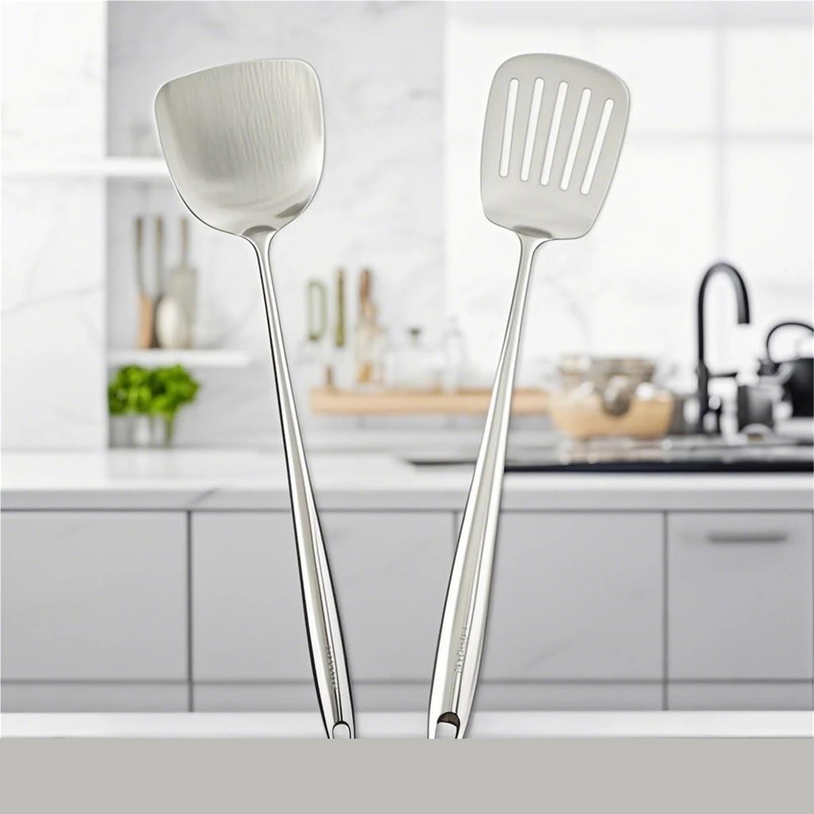 2PCS 316 Edelstahl Wok Spachtel Metall küche utensilien Schlitz Turner Löffel Schöpfkelle Kochen Werkzeuge Utensil Set Küche Zubehör für Antihaft-Kochgeschirr(Size 2)