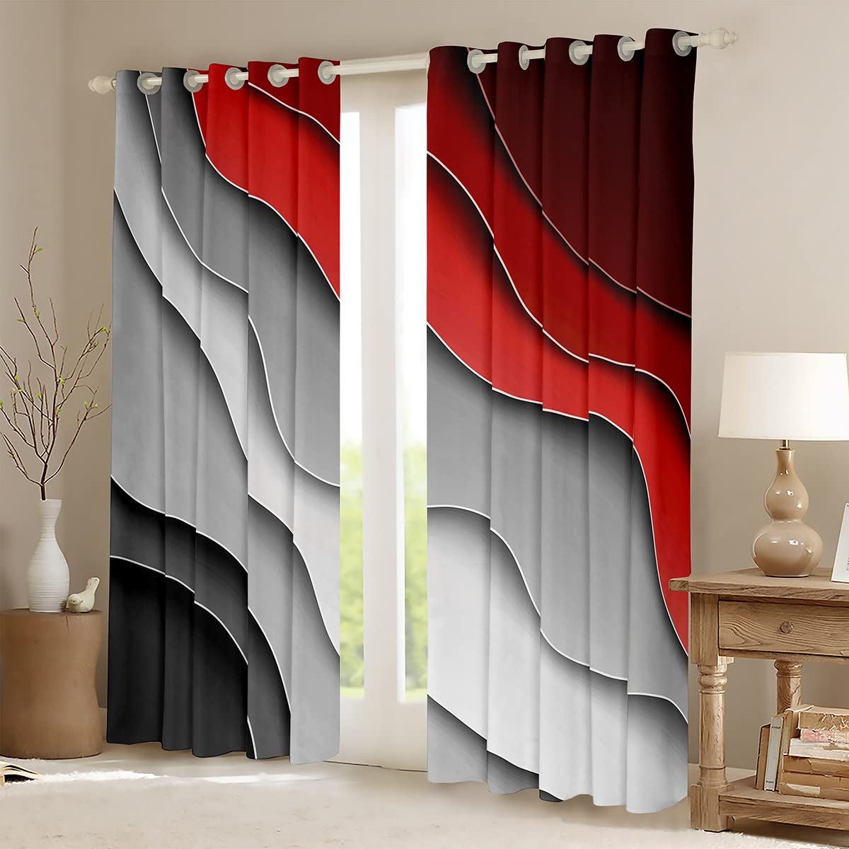 Abstract Ombre Red Gray White Window Curtains for Bedroom Living Room Teens Ocean Waves Striped Curtains Kids Boys Girls Modern Gradient Contemporary Window Drapes Treatments W66*L90 - Image 2