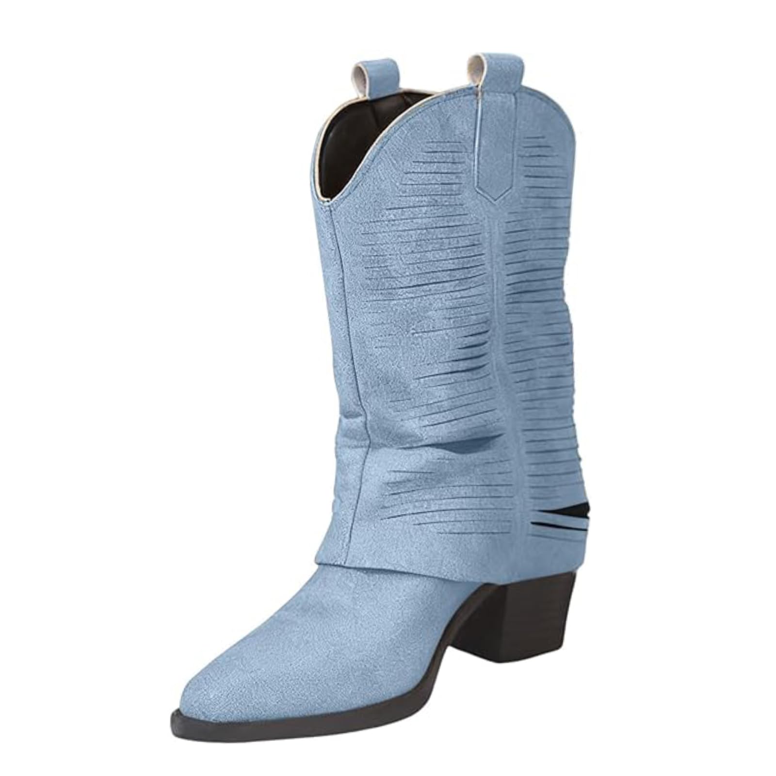 Womens Pointed Toe Chunky Heel Mid Calf Boots Fashion Comfortable V Cutout Slip On Stacked Mid Heeled Short