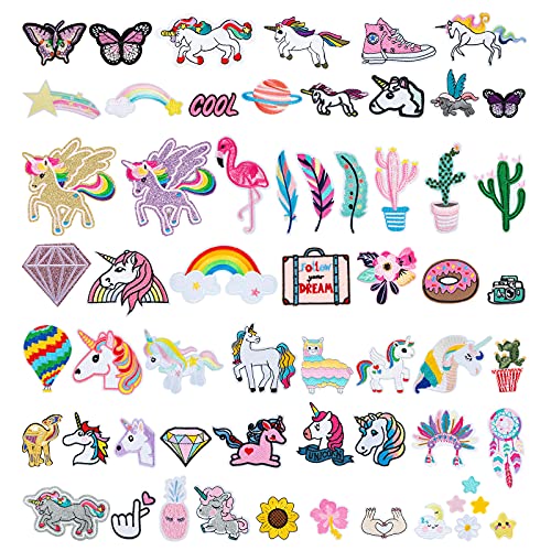60Pcs Unicorn Embroidered Iron on Patches FabricÂ Appliques Iron on Stickers for Girls Kids Unicorns Cactus Feathers Rainbow Sew on Patch for Jeans, Bags, Hats, Embroidery Arts Crafts