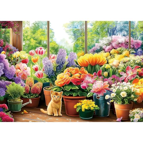 Blueforest 300 Piece Jigsaw Puzzle for Adults - Cute Kitten & Flower Garden, 17x11 Inch, Cardboard, Fun & Relaxing Puzzles for Stress Relief