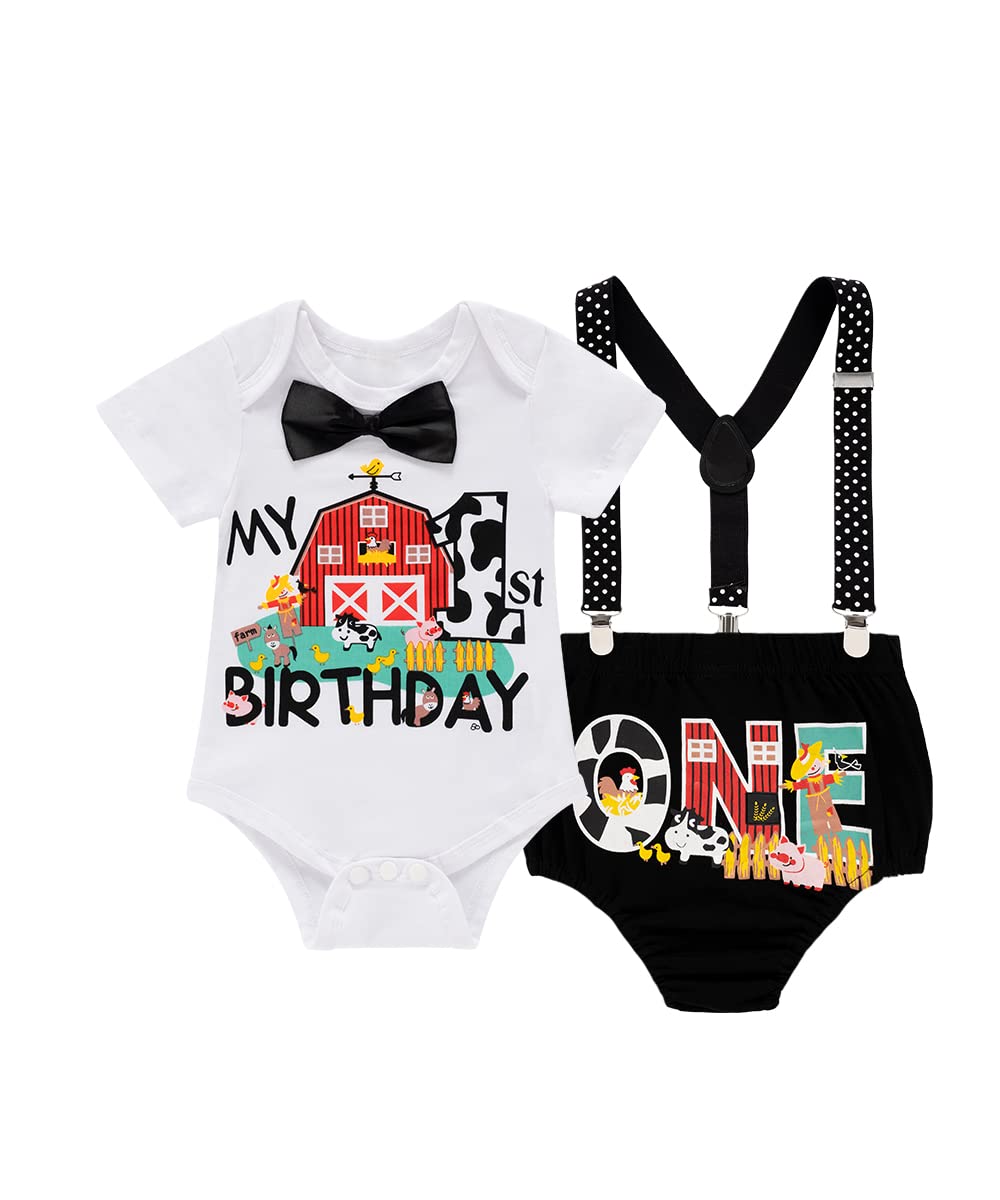 Fantasy Era Baby Boys Farm Animals 1st Birthday Outfit Funny Bowtie One Year Old Boys Romper Bodysuit Set(Black?6-12Months