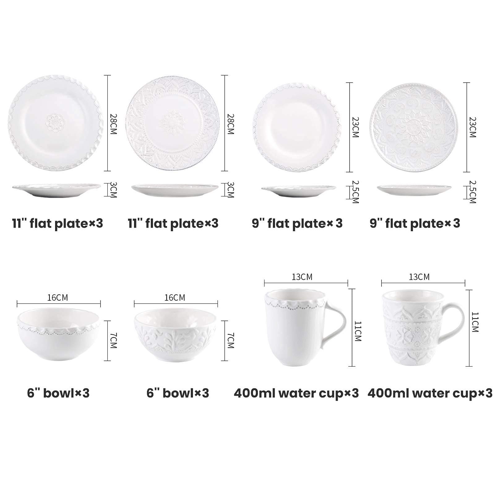 Ceramiczne zestawy obiadowe, 24-częściowy biały zestaw naczyń obiadowych z porcelany w stylu vintage, stylowa miska na płatki zbożowe, talerz do steków i kubek na prezent ślubny