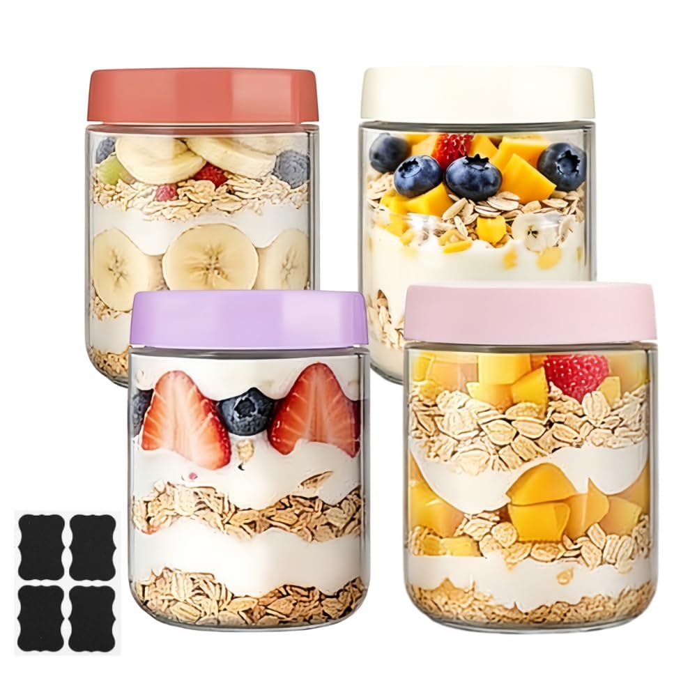 Overnight Oats Jars, 4 Pack 500ml/16oz Glass Jars with Airtight Lids