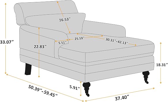 VANOMi Chaise Lounge Indoor with Adjustable 37.8 Deep Backrest Chenille Chaise Lounge Couch for Indoor Use in Apartment, Bedroom, Office, or Living Room (White)