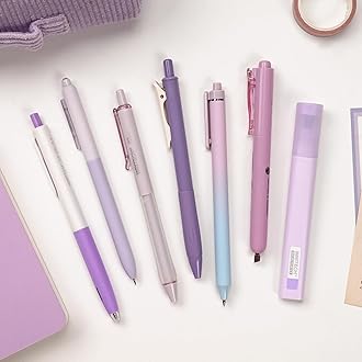 WRITECH Gel Pen, Journaling, Highlighter, Journal Set, Aesthetic, Assorted Pastel Color Ink, 0.5mm, Fine Point, Retractable, 0.7mm, Black Pen, Smooth Writing, Drawing, Smudge-free, 7ct (Purple)