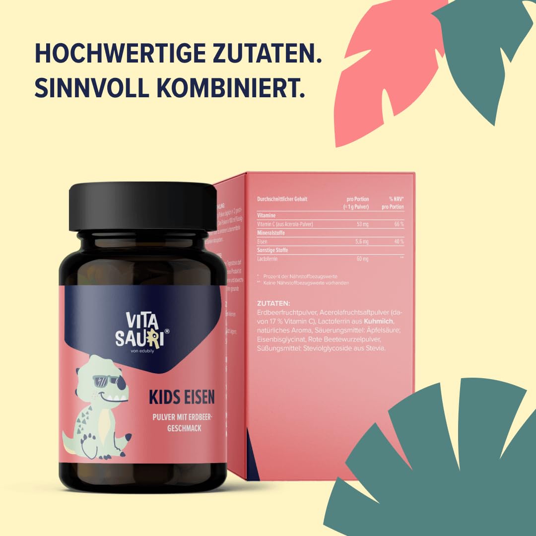 Vitasauri Kids Eisen - Eisenpulver für Kinder mit Lactoferrin & Vitamin C aus Acerolaextrakt - Leckerer Erdbeer-Geschmack - Vegetarisch - Ohne Zucker (65 g)