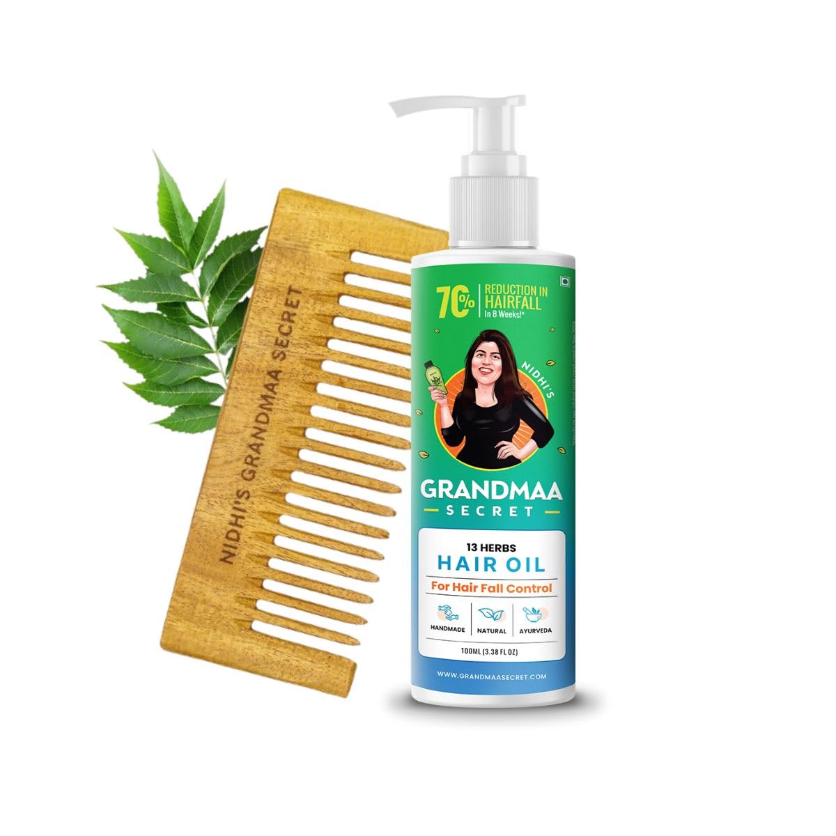 NIDHI’S GRANDMAA SECRET 13 Herbs Hair Oil with Kacchi Neem Comb | Natural Hair Care Combo | Promotes Hair Growth & Detangles | Stimulates Scalp & Reduces Breakage | 100ml Hair Oil & Comb, (Pack of 2)