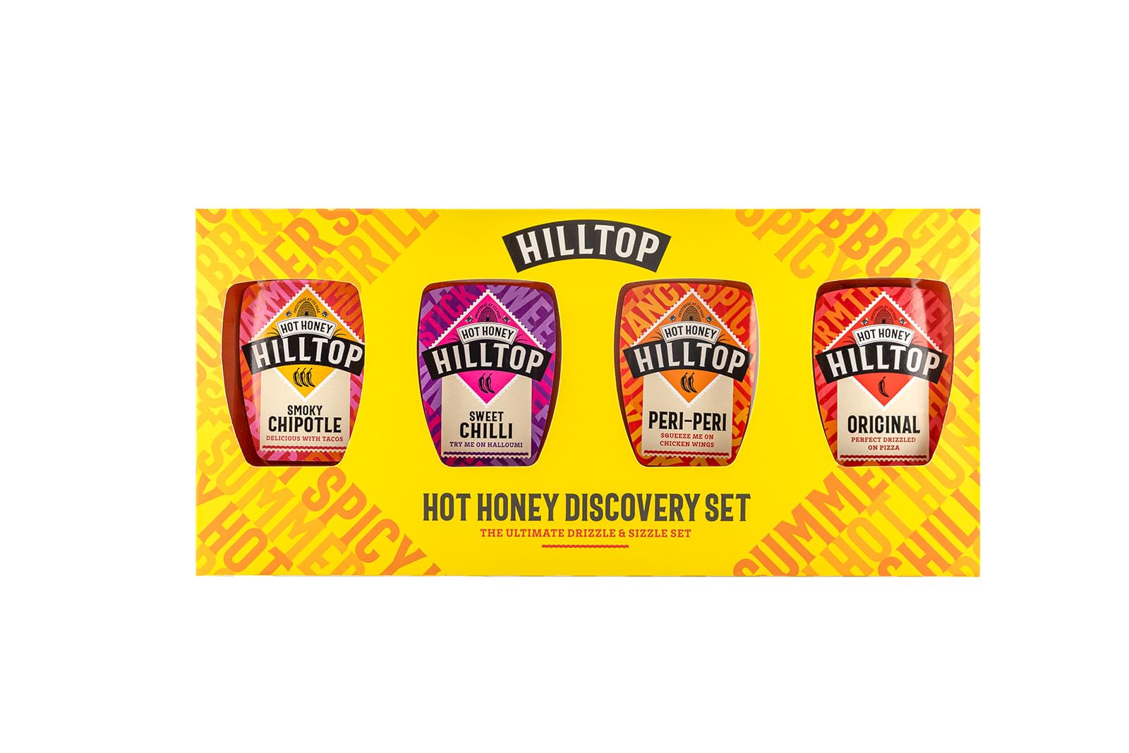 Hilltop Hot Honey Discovery Set (4 x 350g) – Original, Smoky Chipotle, Peri Peri & Sweet Chilli Infused Honey Selection – Sweet & Spicy Honey Gift Set for Pizza, Chicken, BBQ & Marinades