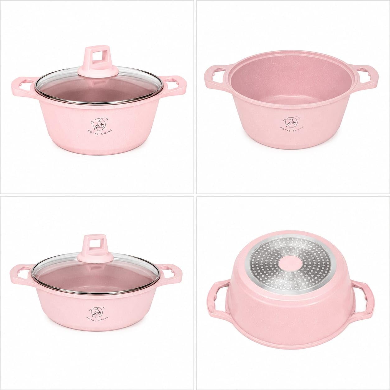 Batería de Cocina 11 Piezas Antiadherente Rosa | Juego de Ollas y Sartenes con Tapas de Vidrio | Compatible con Inducción, Gas y Vitrocerámica | Sin PFOA | Fácil Limpieza