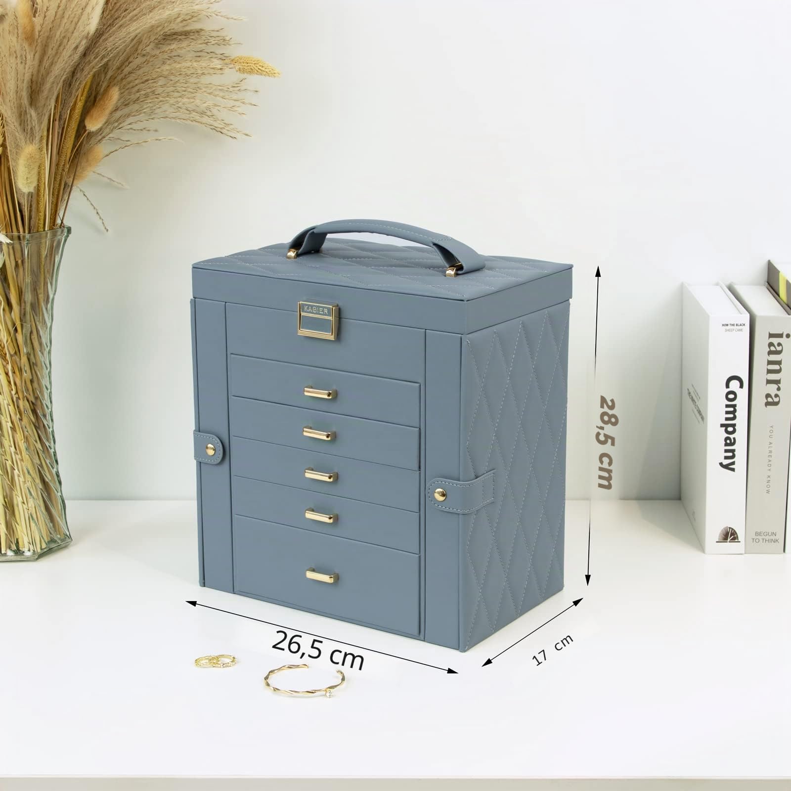 KAMIER Boîte à bijoux pour femme, grande boîte de rangement à bijoux à 6 couches avec miroir et 5 tiroirs pour bagues, boucles d'oreilles, collie, Bleu-Gris