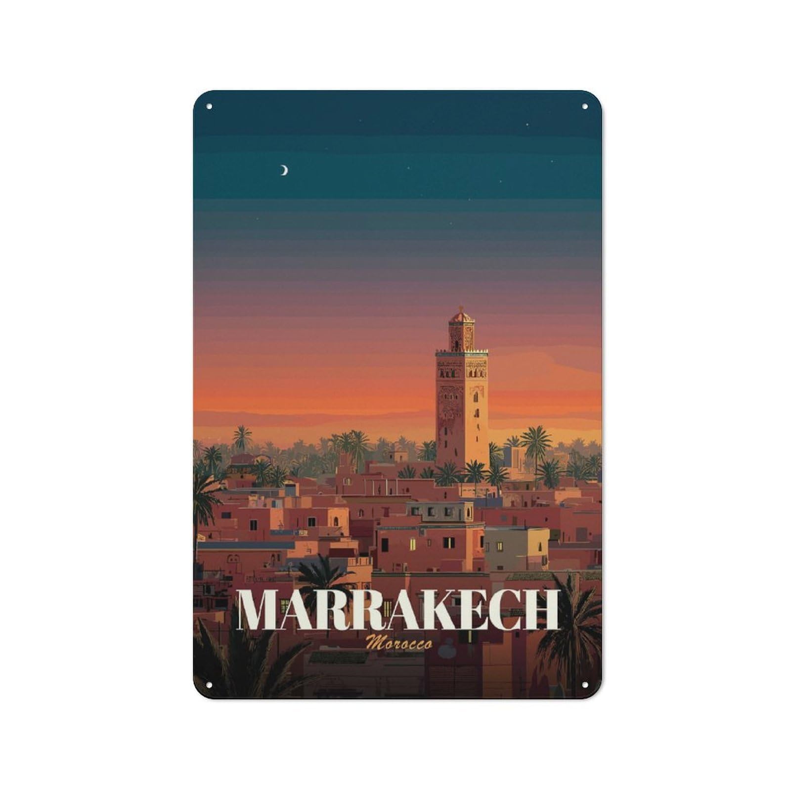 Junmoney Style-19 Marrakech Morocco Cityscape At Sunset Rustic Tin Sign 30X20cm For Guest Room Or Hallway, For Vintage Wall Decor Fans, For Home Office And Studio Walls