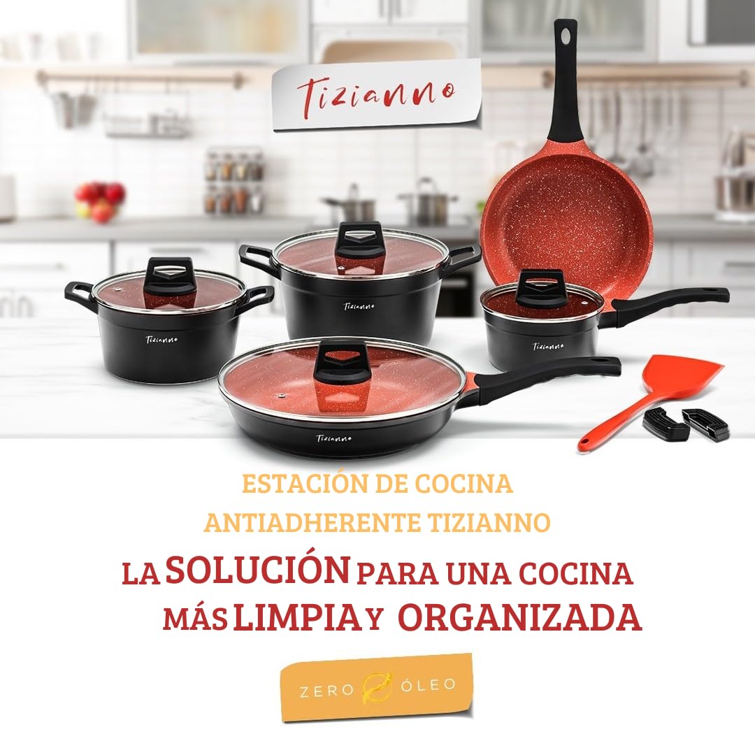 Tizianno Juego 12 Piezas Sartenes Ollas Antiadherentes Inducción Premium, Batería Cocina Saludable Aluminio 6 Capas sin PFOA, Revestimiento Granito Vitrocerámica Gas