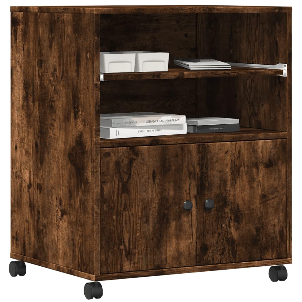 Druckerständer mit Rollen Räuchereiche 60x48x74 cm, Druckerwagen auf Rollen mit 2 arretierbaren multifunktionaler Druckertisch als Bücherregal, Aktenregal oder Beistelltisch,