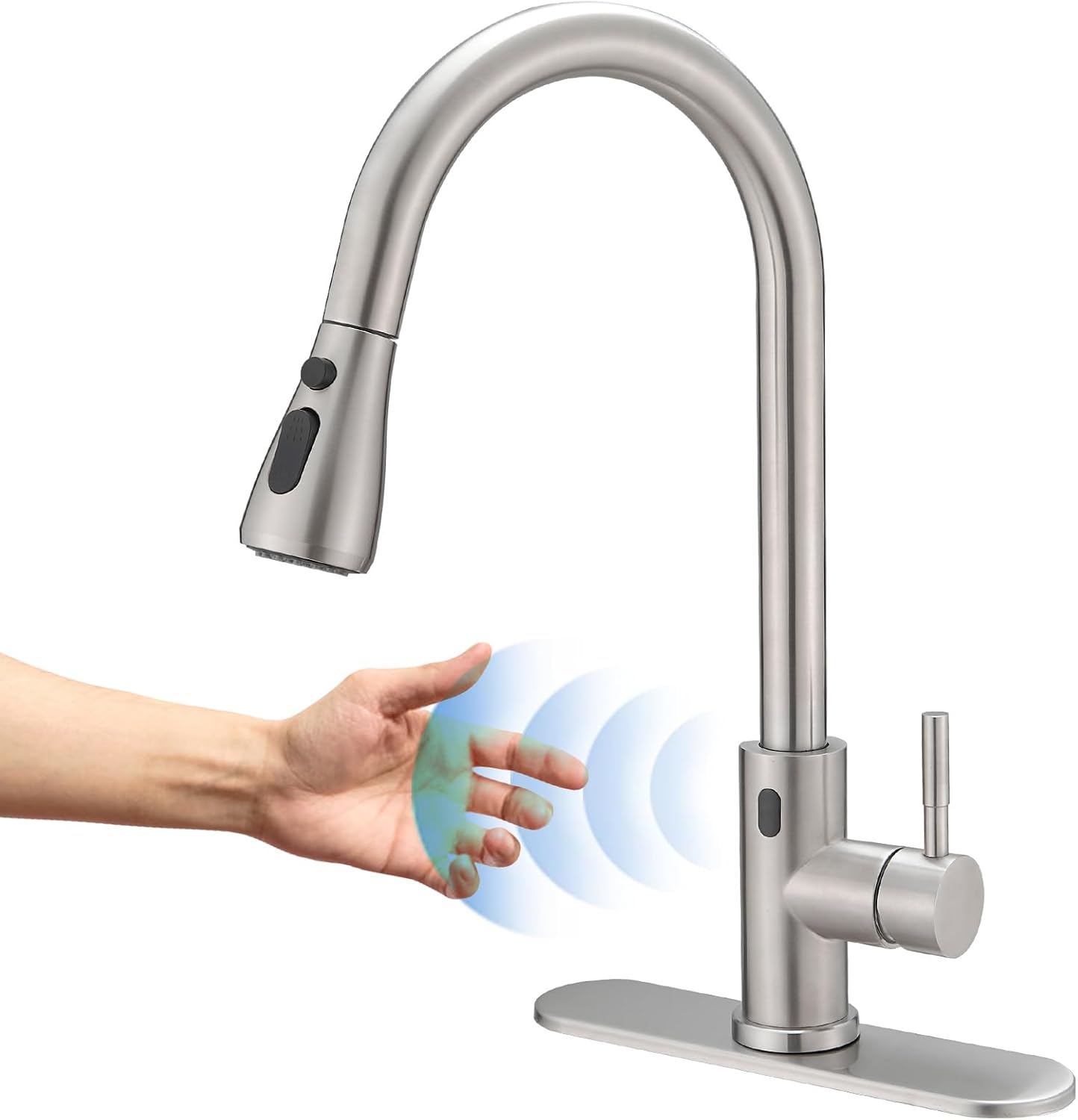 BWE Touchless Kitchen Faucet with Pull Down Sprayer,Single Handle Motion Sensor Kitchen Sink Faucet,High Arc Smart Commercial Faucet for Kitchen Sink Hands-Free,Brushed Nickel