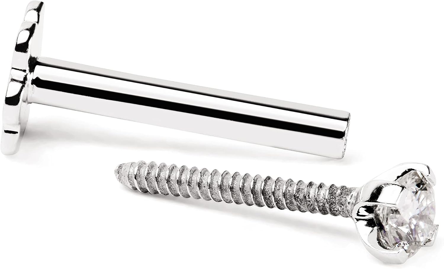 Demira Jewels 0.04 ct Real Diamond Nose Stud 14K White Gold Internally Threaded 8MM Long Screw Back HI Color
