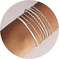 Kyerlyn 7PCS Silver Bracelets for Women - Waterproof Dainty Stackable Adjustable Layered Chain Bracelet Set Trendy Minimalist Jewelry