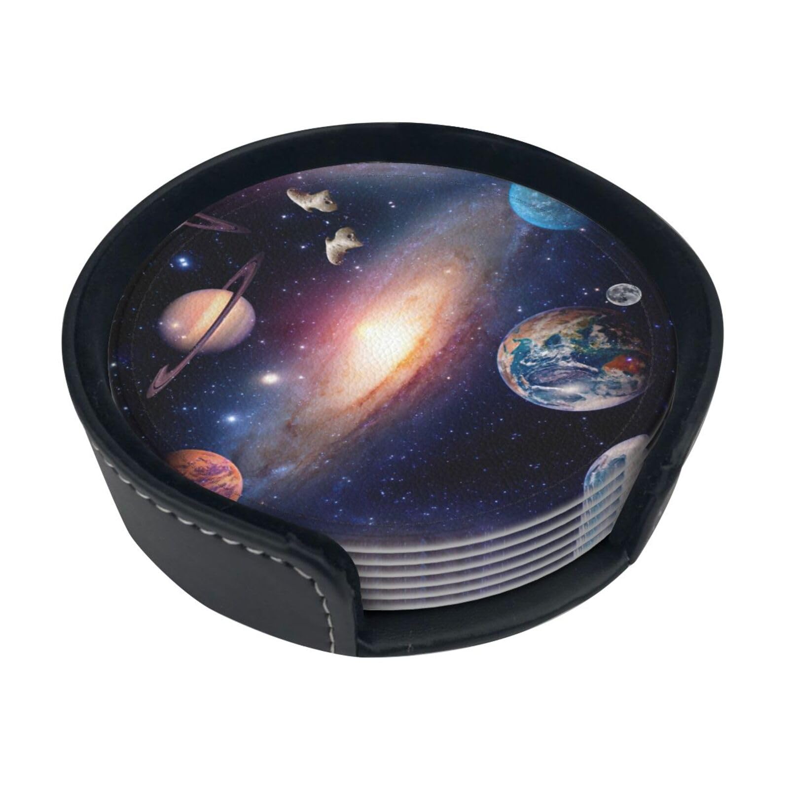 Universe Galaxy Outer Space Print Leather Coasters Set Of 6 With Holder,4 Inch Round Drink Coasters,Heat Resistant,Easy Clean For Home & Bar