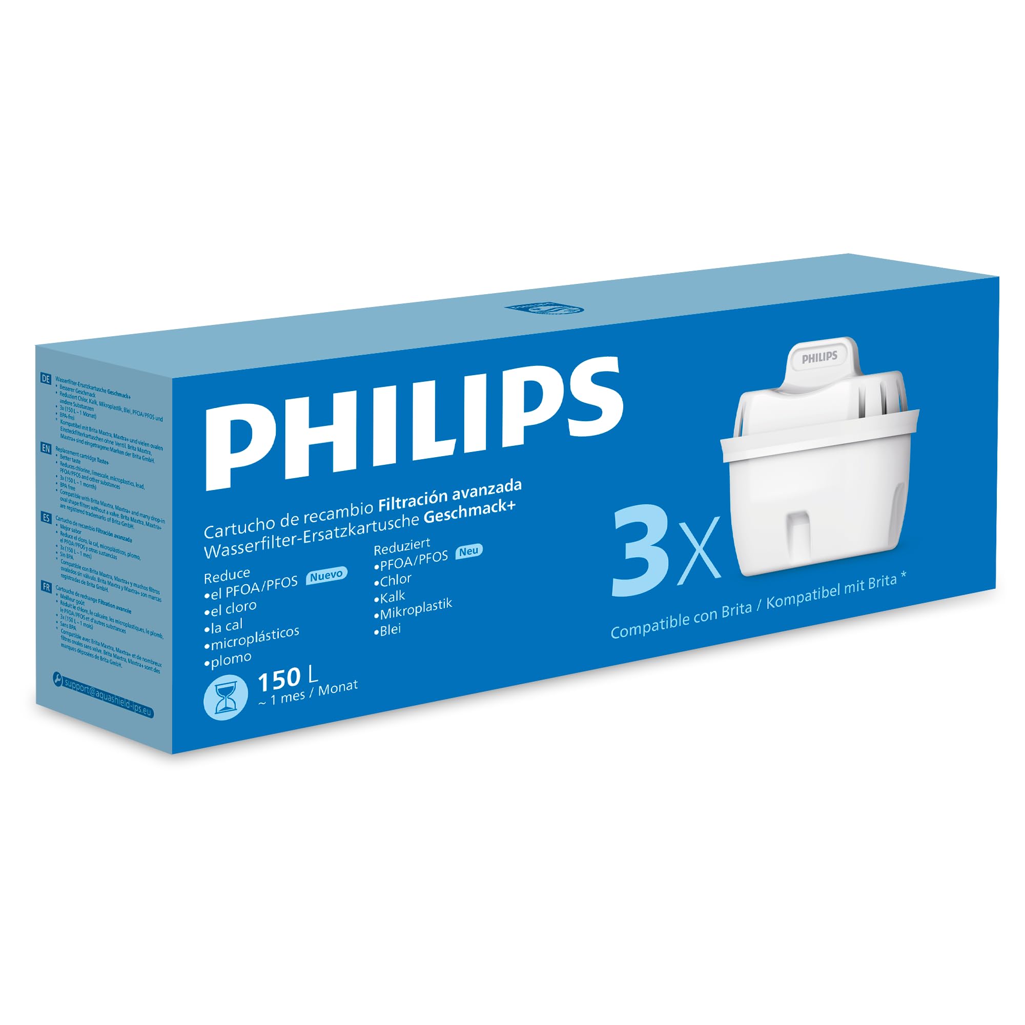 Philips Philips Water Replacement Filter Cartridges Taste+, 3-Pack, Reduces MICROPLASTICS, Chlorine, LIMESCALE, Heavy Metals, Packaging