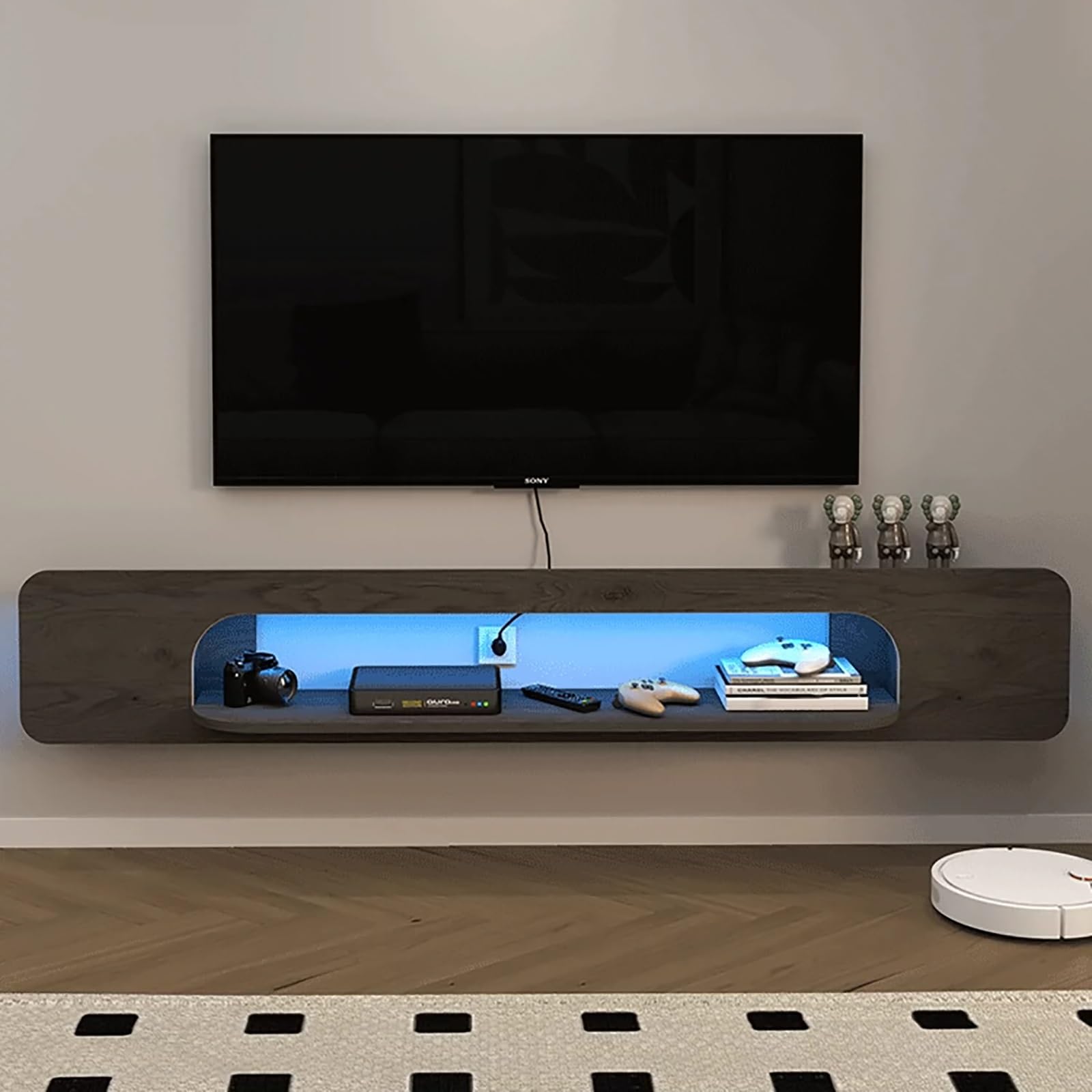 Console multimédia LED suspendue et meuble TV mural à rangements ouverts
