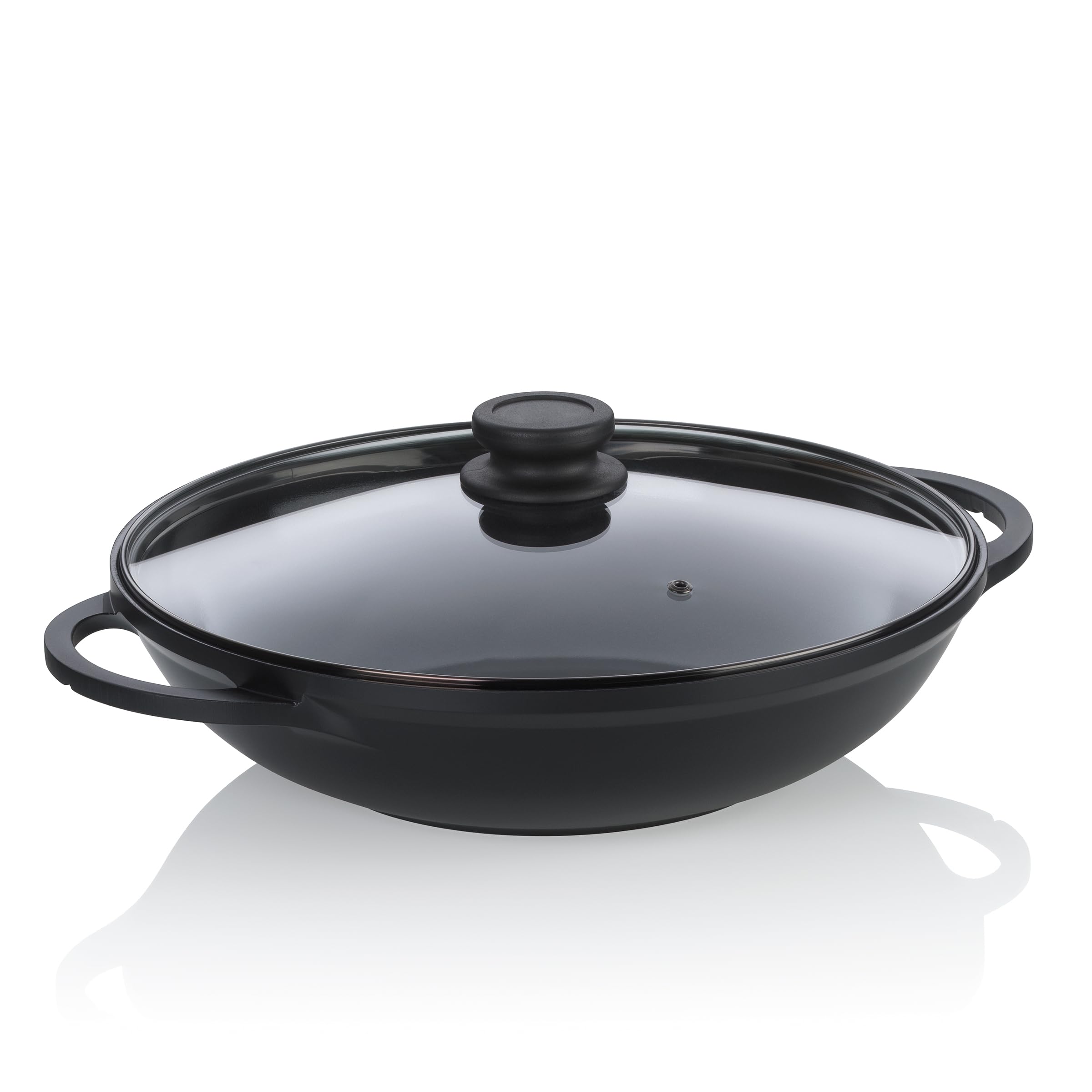 kela wok pan 32 cm with glass lid ATURA, wok induction 4 litres, cast aluminium ceramic coated, PFAS free, black