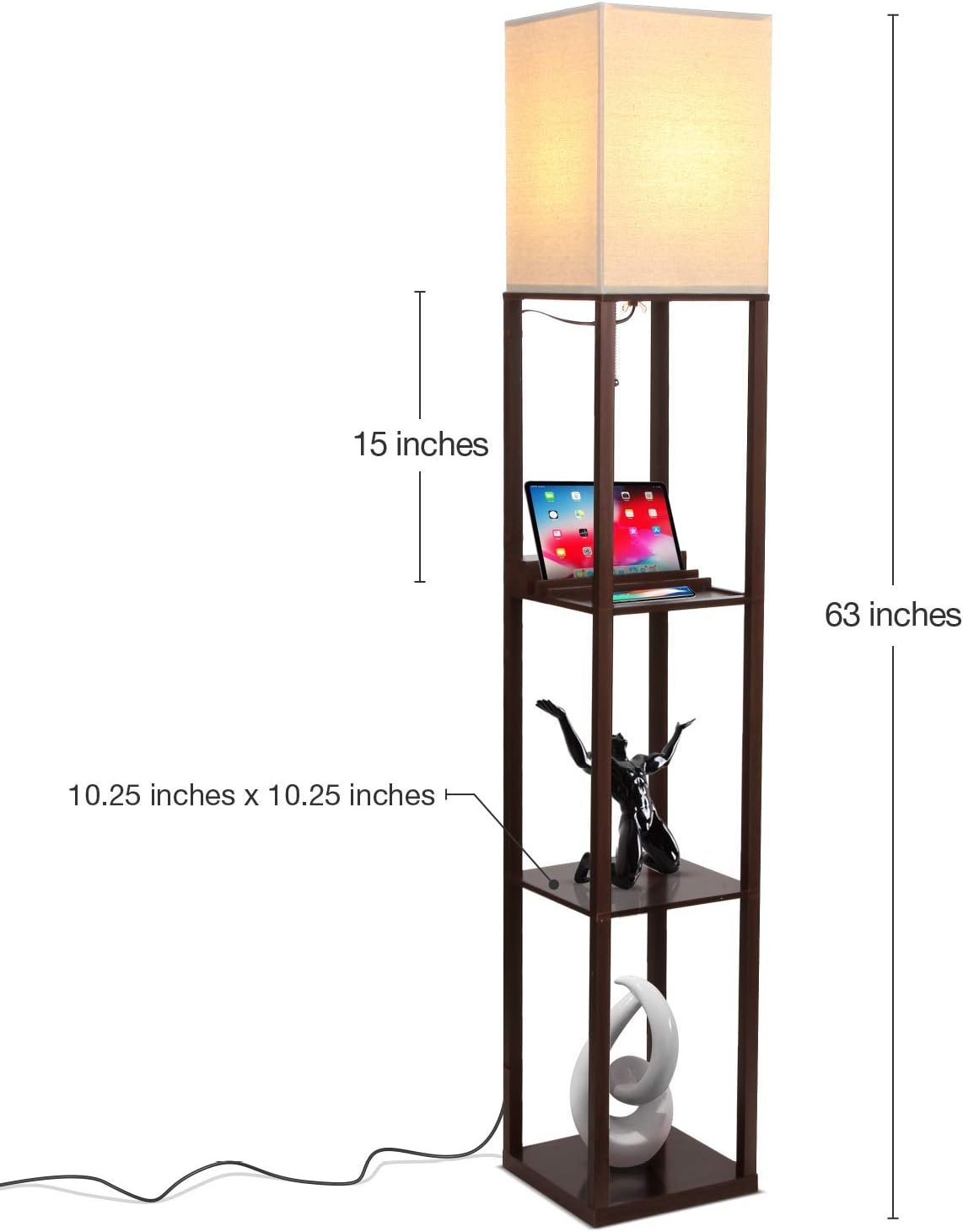 Best Cyber Deals 🔥 Brightech Maxwell Charger - Shelf Floor Lamp with USB Charging Ports & Electric Outlet - Tall & Narrow Tower Nightstand for Bedroom - Modern, Asian End Table with Light Attached - Havana Brown