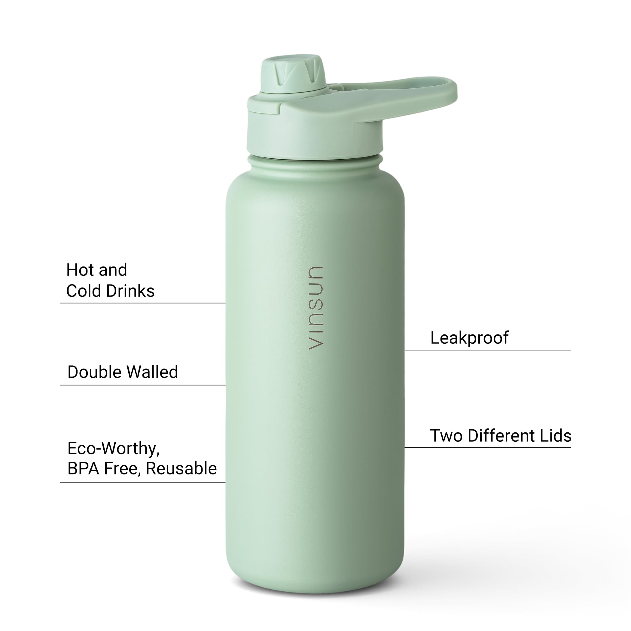 VINSUN Stainless Steel Water Bottle Green 1L, Leakproof, Carbonic Acid Suitable, BPA Free, Straw Lid, Drinking Opening - Image 3