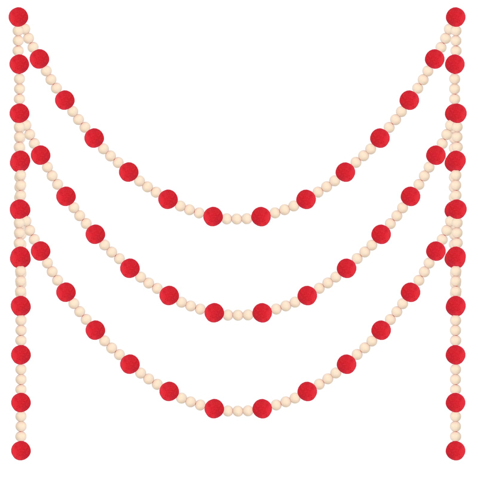 Barydat 144" Christmas Red Wool Felt Ball Garland with Wood Bead Pom Pom Garland, Felt Garland Pompom Garland Decor Christmas Garlands Christmas Tree Decoration for Wall Ceiling Door Home