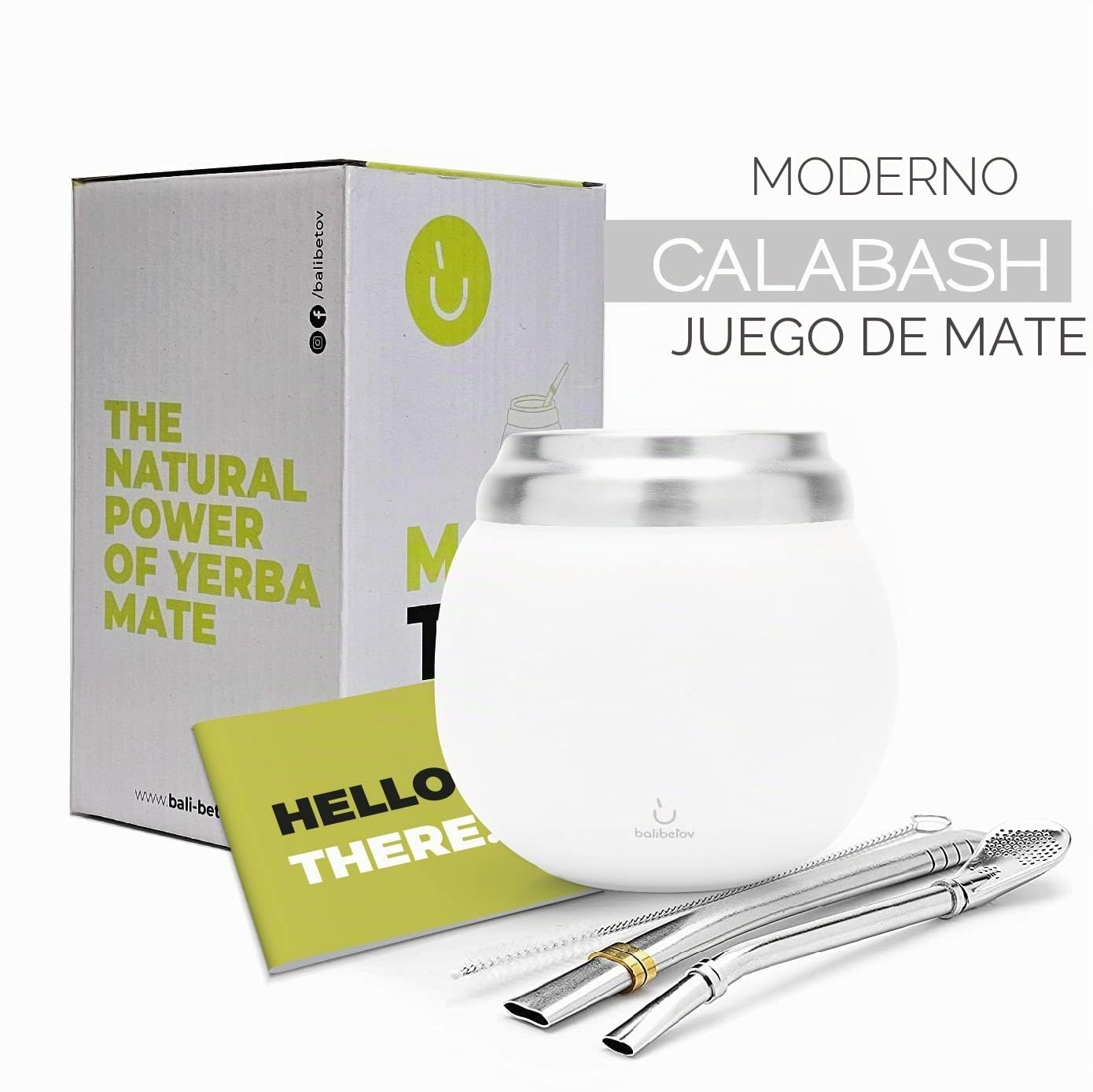 balibetov Calabaza Moderna - Juego Yerba Mate Gourd (Taza Mate) - Doble pared de acero inoxidable 18/8 - Incluye dos bombillas y un cepillo de limpieza (Blanco)