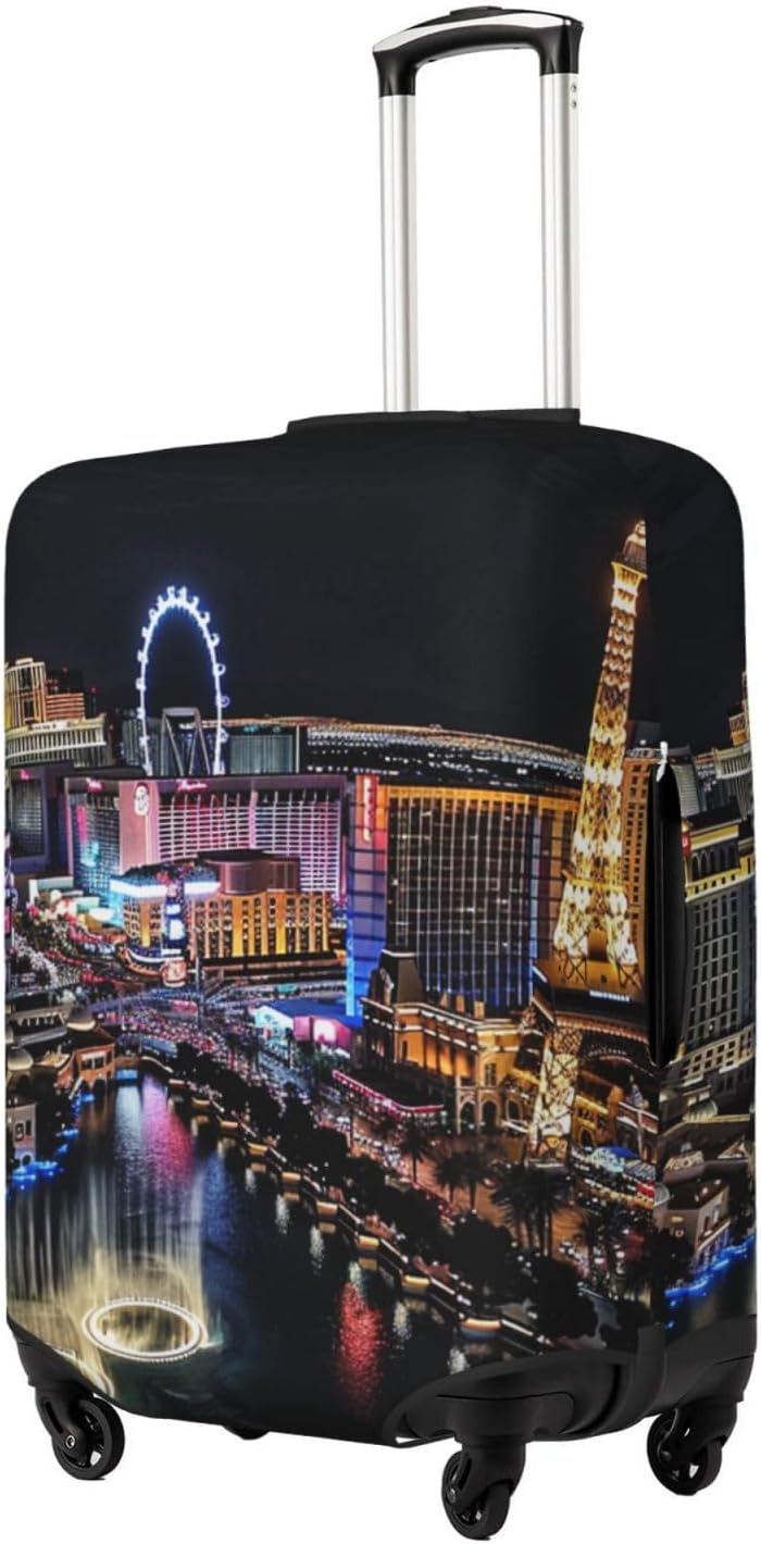 Las Vegas Night View Prints Elastic Luggage Cover with Invisible Zippers - Universal Suitcase Protector for Travel, Business Trips,, Black, S(18-21inch suitcase), Suitcase
