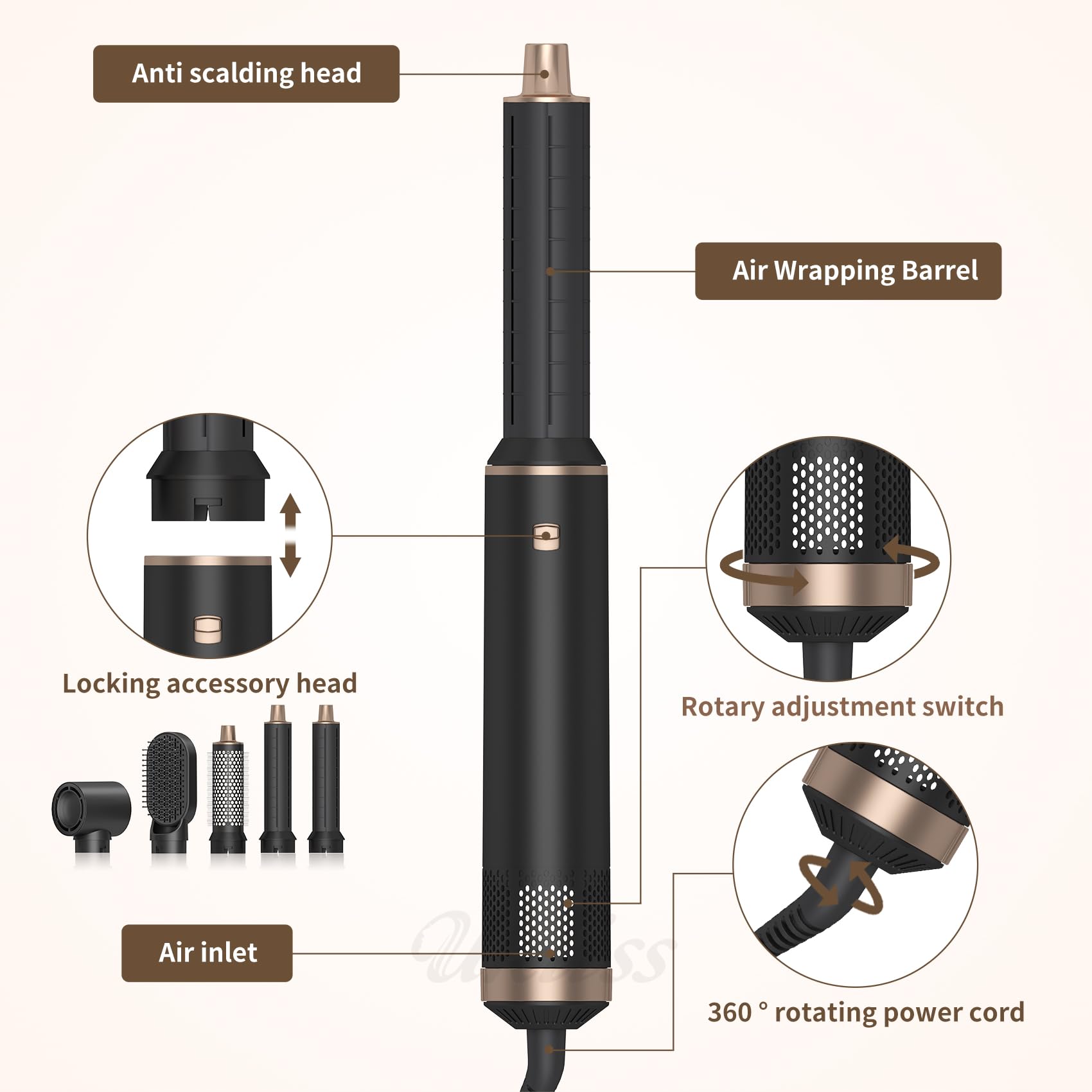 Cepillo de aire caliente multifuncional, 4 cabezales intercambiables, secador de pelo y alisador con rotación de 360°, negro y oro rosa