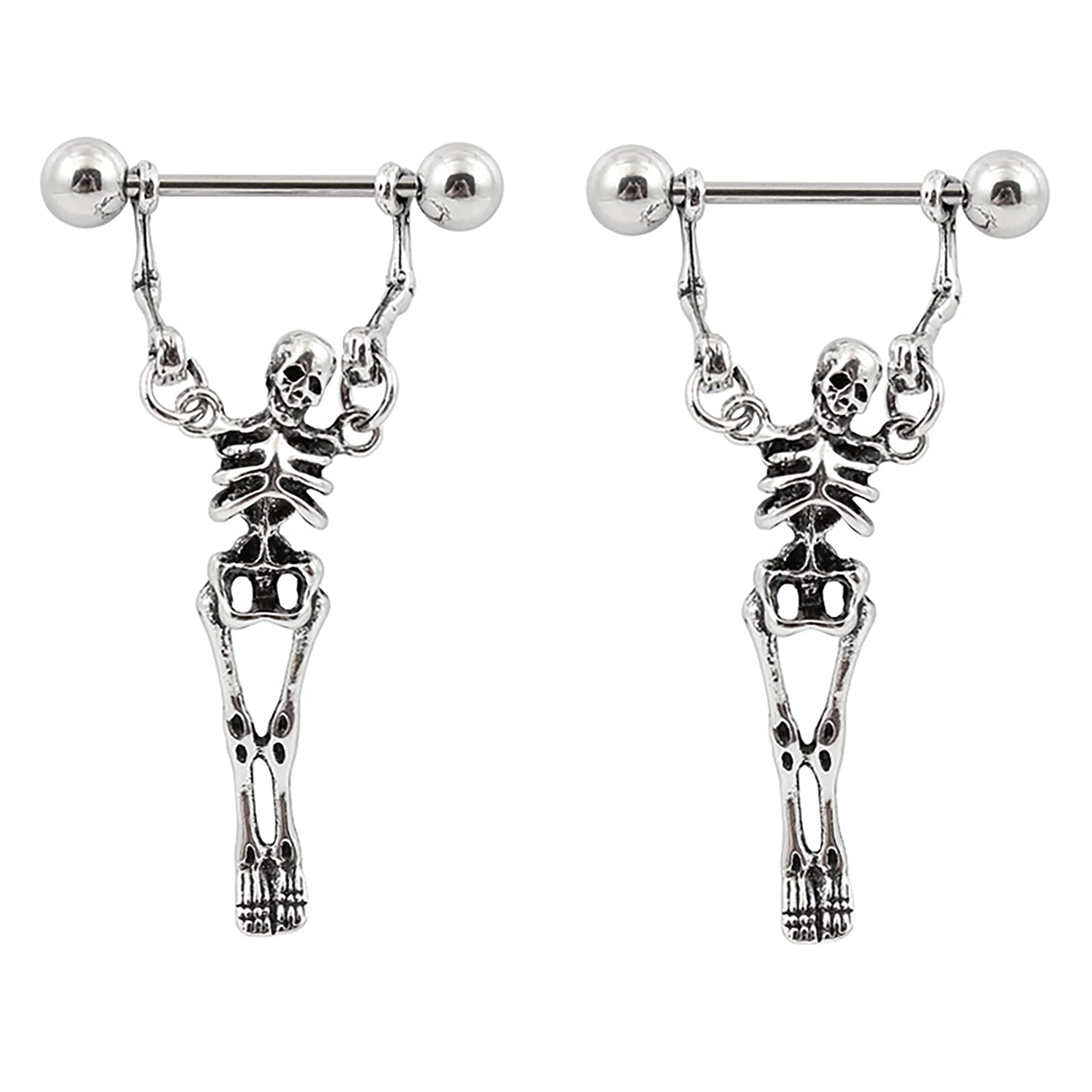 jieji16G Surgical Steel Nipple Rings Dangly Skeleton Skull Nipplerings Straight Barbell Body Piercing Jewelry for Women Girls 1 Pair