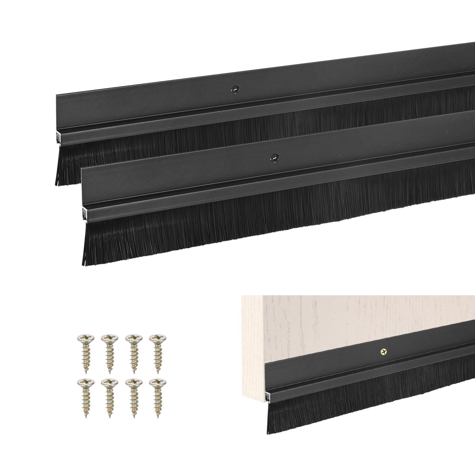 M METERXITY 2-Pack Door Brush Bottom Sweep, 39" L x 1.8" W H-Shape Aluminum Alloy Base with 0.8" Nylon Brush for Industrial/Home/Garage Door Seal, Strong Adhesive Weather Stripping [Black] — image 1