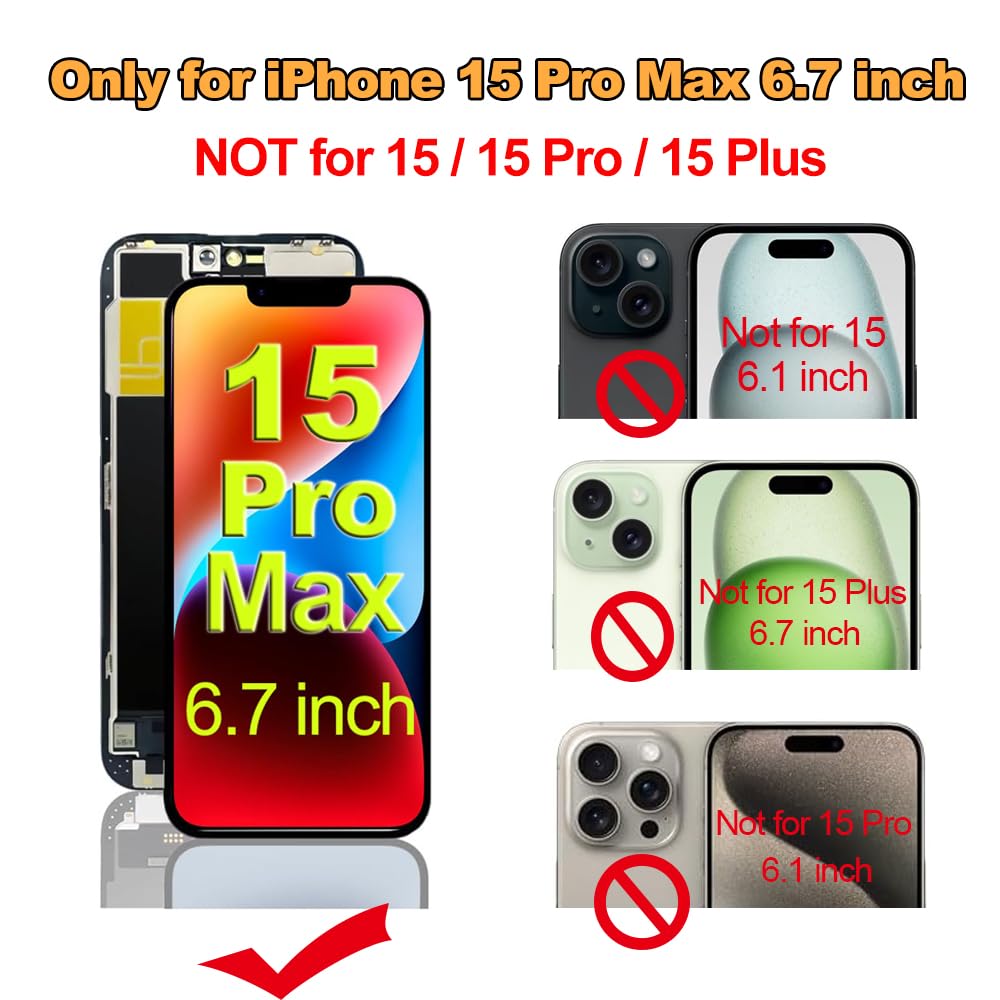 Photo 1 of Fixerman for iPhone 15 Pro Max Screen Replacement 6.7 inch, Full HD 3D Touch LCD Display Digitizer Assembly with Repair Tools - Model A2849, A3105, A3106, A3108