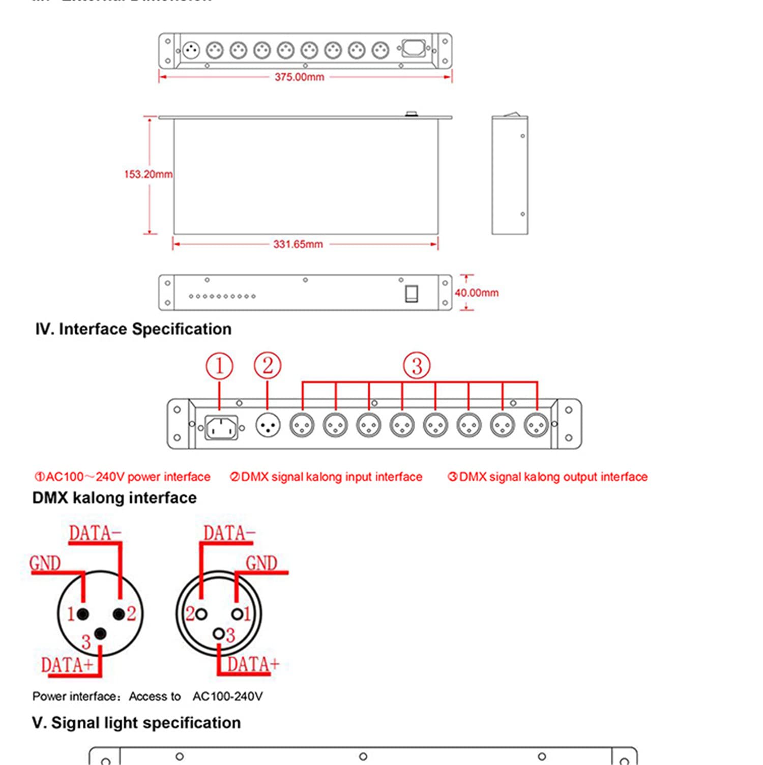 Controller per luci da palcoscenico professionale DMX512 Splitter per amplificatore di segnale luminoso Distributore DMX a 8 vie per apparecchiature da palcoscenico
