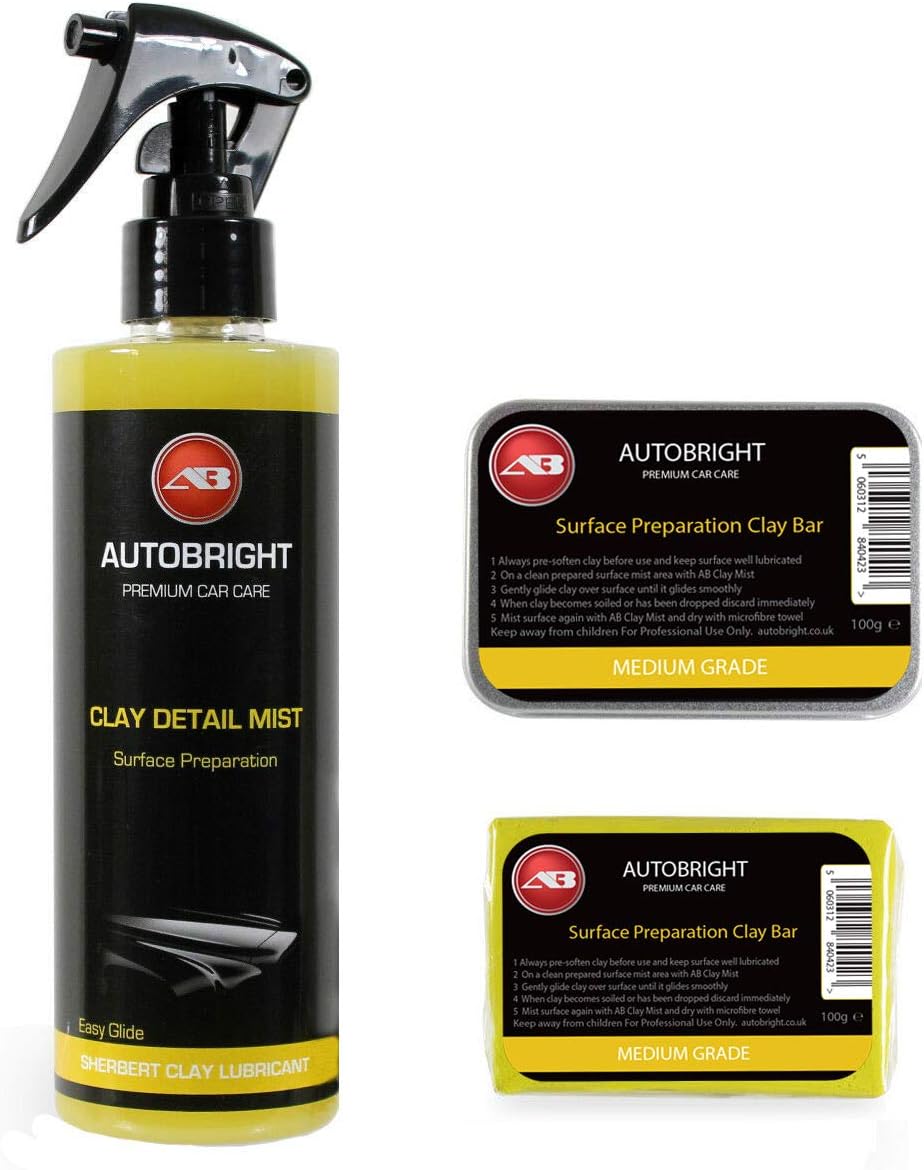 Autobright Pre Cleaning Car Wax Polish, Clay Mist 250ml & 100g Yellow Medium Clay Bar Smooth Finish Detailing Kit