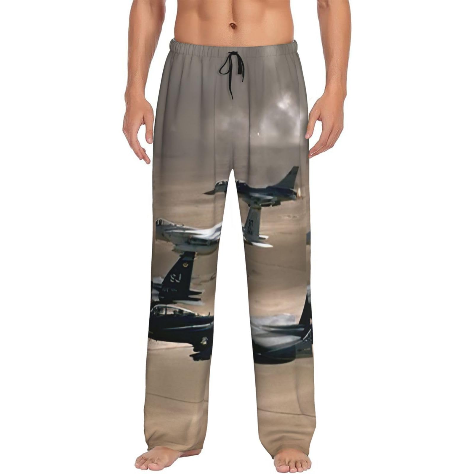 Lmnvbz Men's Black Jet Fighter Print Soft Bottoms Pyjama Pants Lounge Pajama, Lightweight Comfort Sleep Trousers Loungewear Nightwear Pjs With Pockets