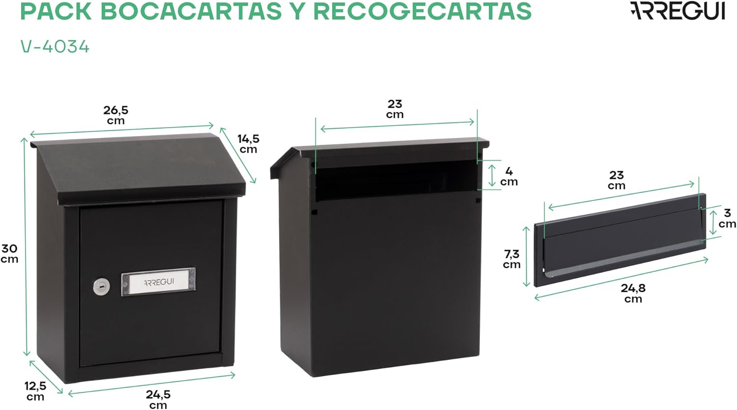 ARREGUI V4034 Complete Post Box Pack. Letter Panel + Wall Through Letterbox Letterbox Cover and Rear Mailbox Galvanised Steel Size S (A5) Black