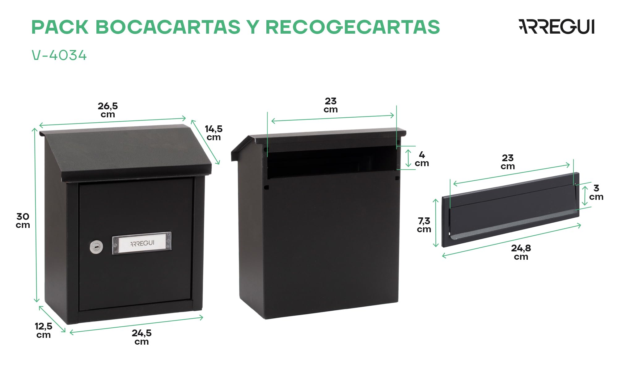 ARREGUI V4034 Pack Bocacartas + Buzón Recogecartas de Acero Para Puertas o Verjas en el Exterior, Buzón Exterior, Bocacartas de Boca 23x3 cm, Tamaño S (DIN A5), Fácil de Instalar, Negro Texturado