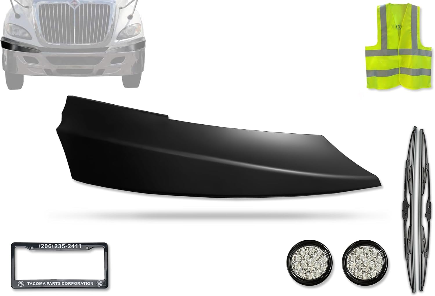 KOZAK Replacement Bumper Black Corner Right (Passenger) Side Compatible with International Prostar Semi Truck. PLUS Logo Emblem, 2x Rear lights, 2x22" Windshield wipers, License Plate Frame and Vest