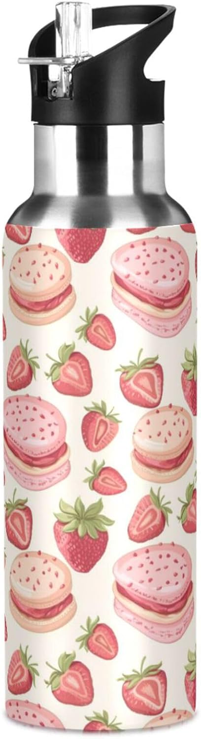 Pink Strawberry Cakes Insulated Water Bottle with Straw Lid Sports Leakproof Travel Mug Stainless Steel Water Bottle with Straw for Kids School and Travel,600 ml - Image 8